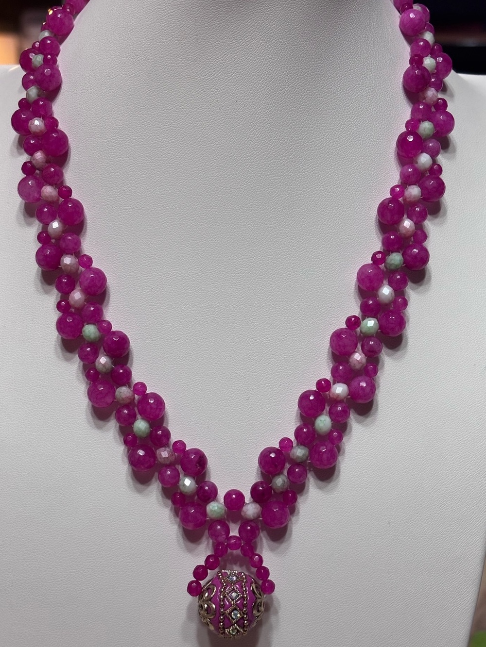 Handmade Fuchsia Beaded Statement Necklace with Ornate Pendant - 20 inches